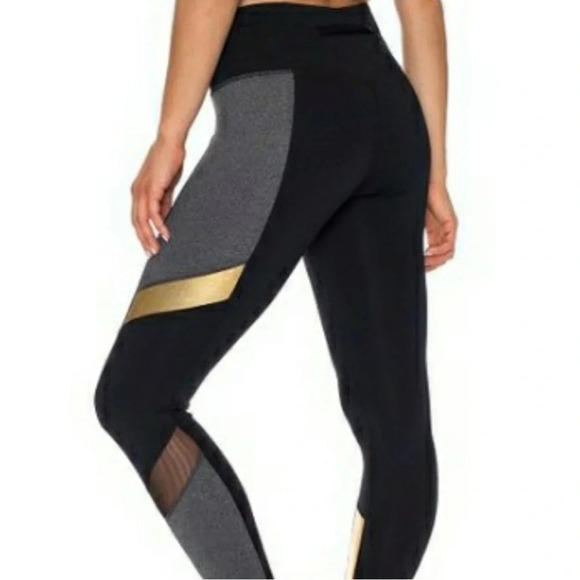 NWOT Betsey Johnson Performance Black, Charcoal and Gold Color Block leggings XS - Picture 2 of 15